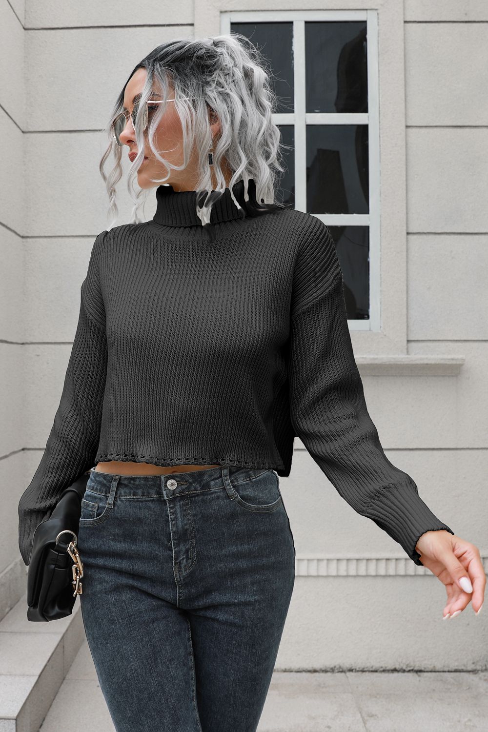 Turtleneck Dropped Shoulder Sweater Easy Apparels