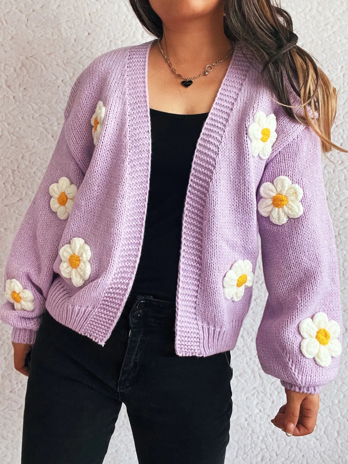 Flower Open Front Long Sleeve Cardigan Easy Apparels