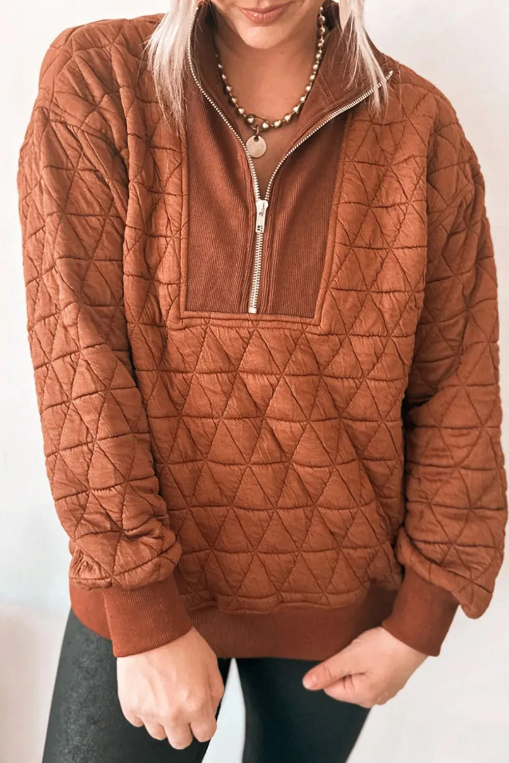 Trendsi Quilted Half-Zip Long Sleeve Sweatshirt