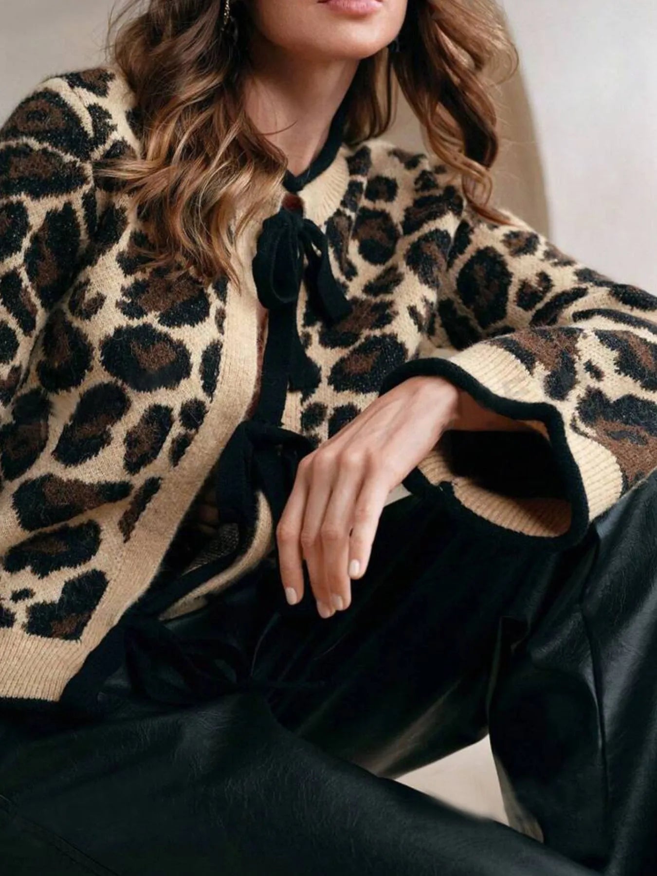 Leopard Print Bow-Tie Front Cropped Cardigan Easy Apparels