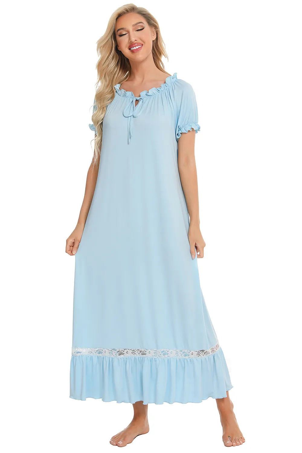 Lace Detail Short Sleeve Lounge Dress Easy Apparels