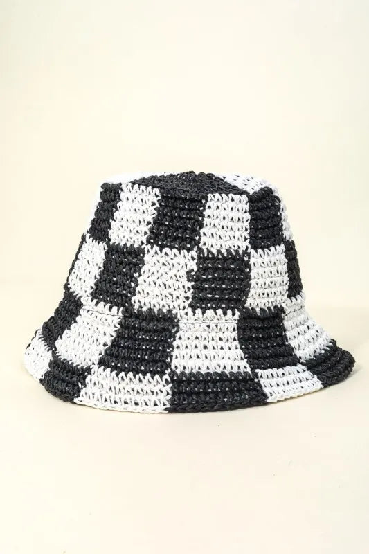 Fame Checkered Pattern Knit Bucket Hat Black One Size Easy Apparels
