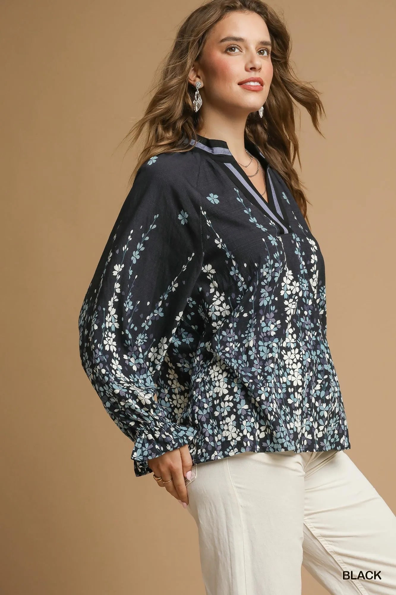 Trendsi Umgee Full Size Floral Vine Print Blouse with Balloon Sleeves Plus Size