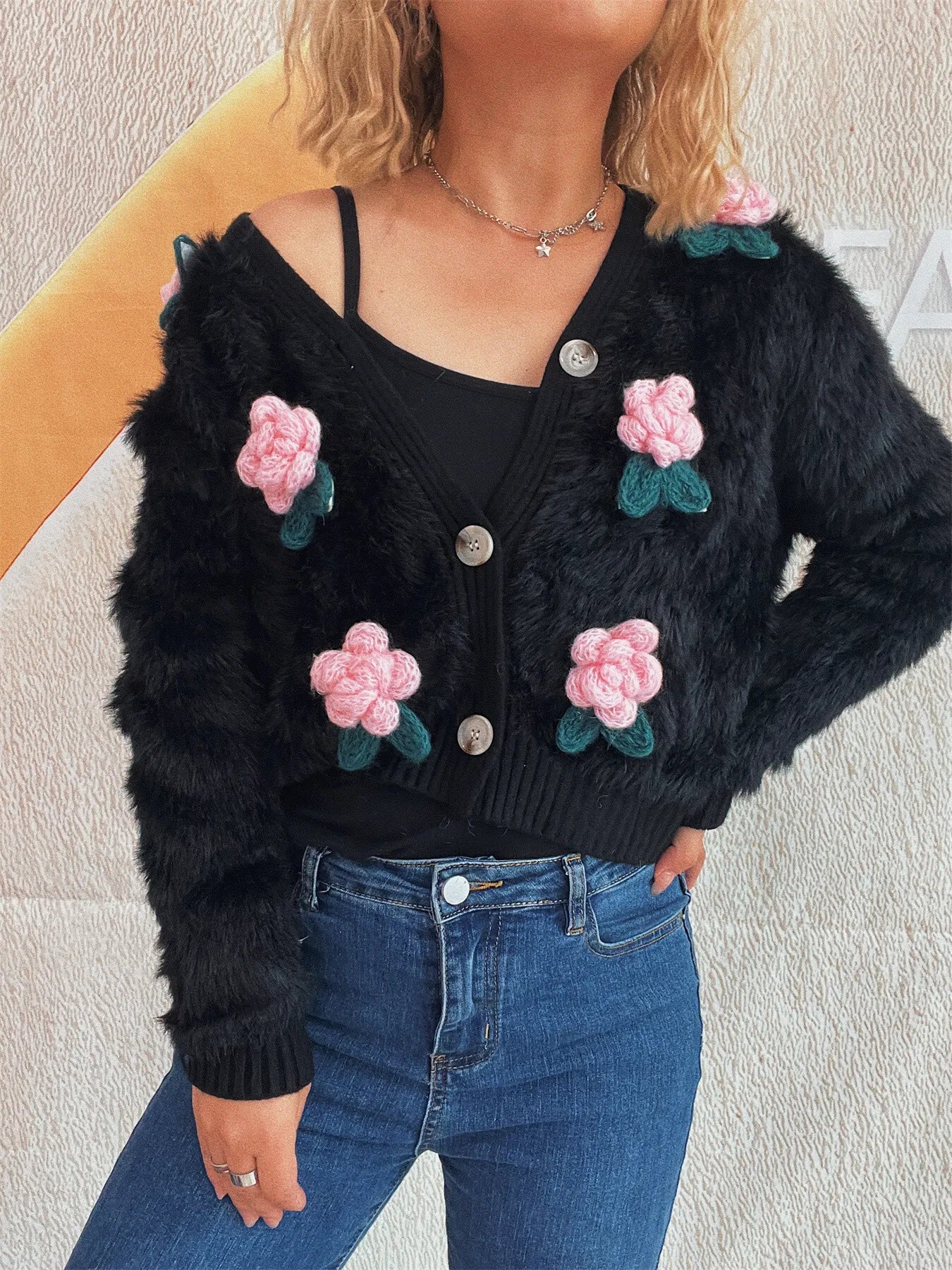 Flower Fuzzy Button-Up Cardigan Easy Apparels