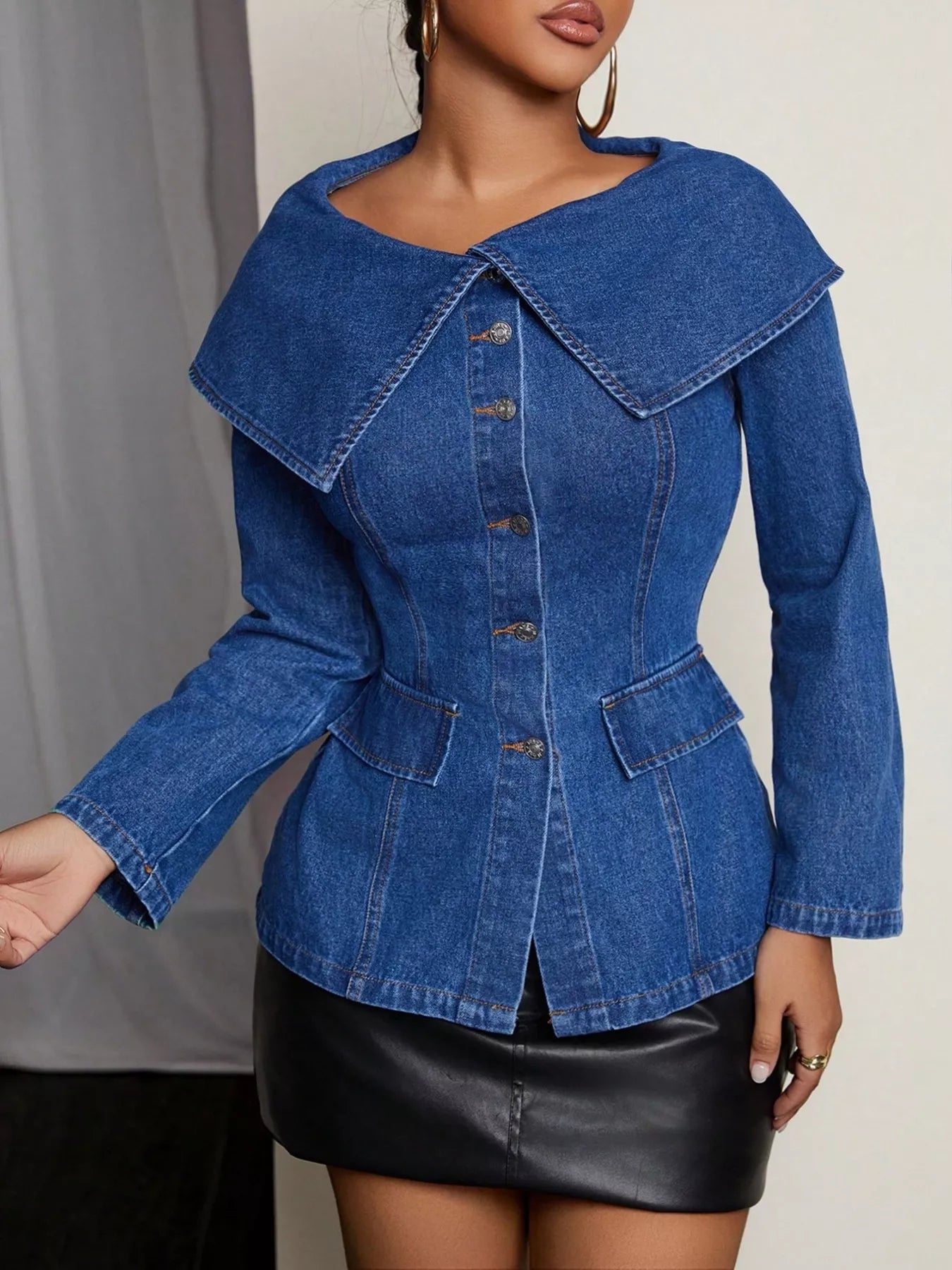 Button-Front Long Sleeve Denim Top Easy Apparels