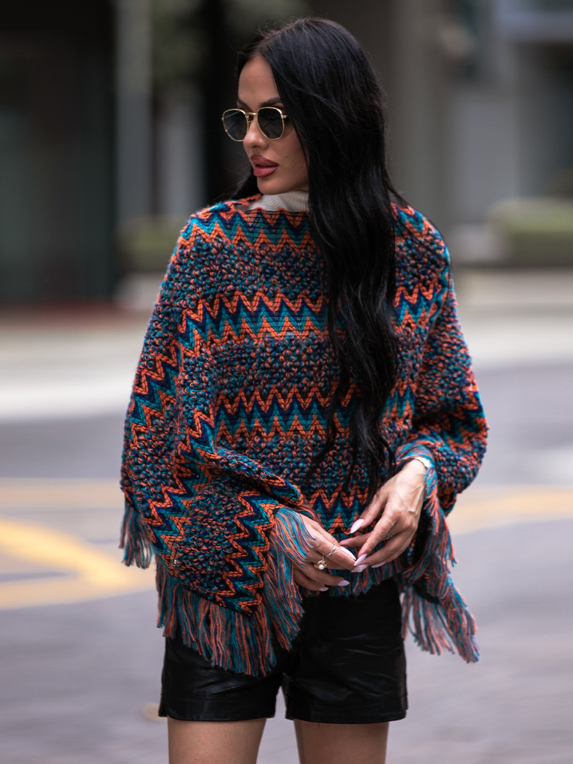 Shiny Fringe Hem Boat Neck Poncho Easy Apparels