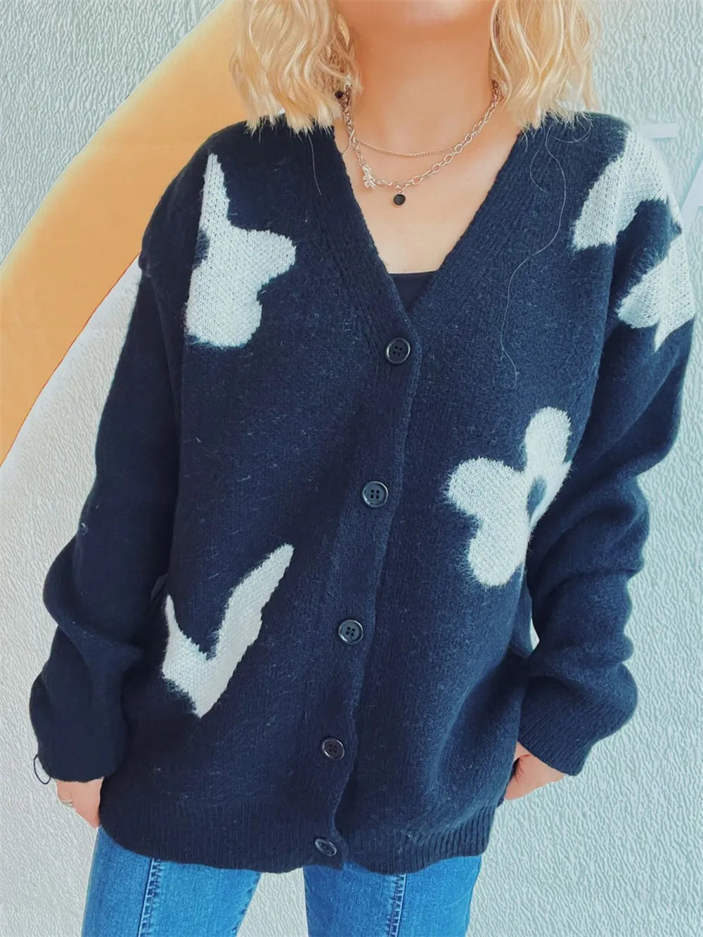 Flower Button Down V-Neck Long Sleeve Cardigan Easy Apparels