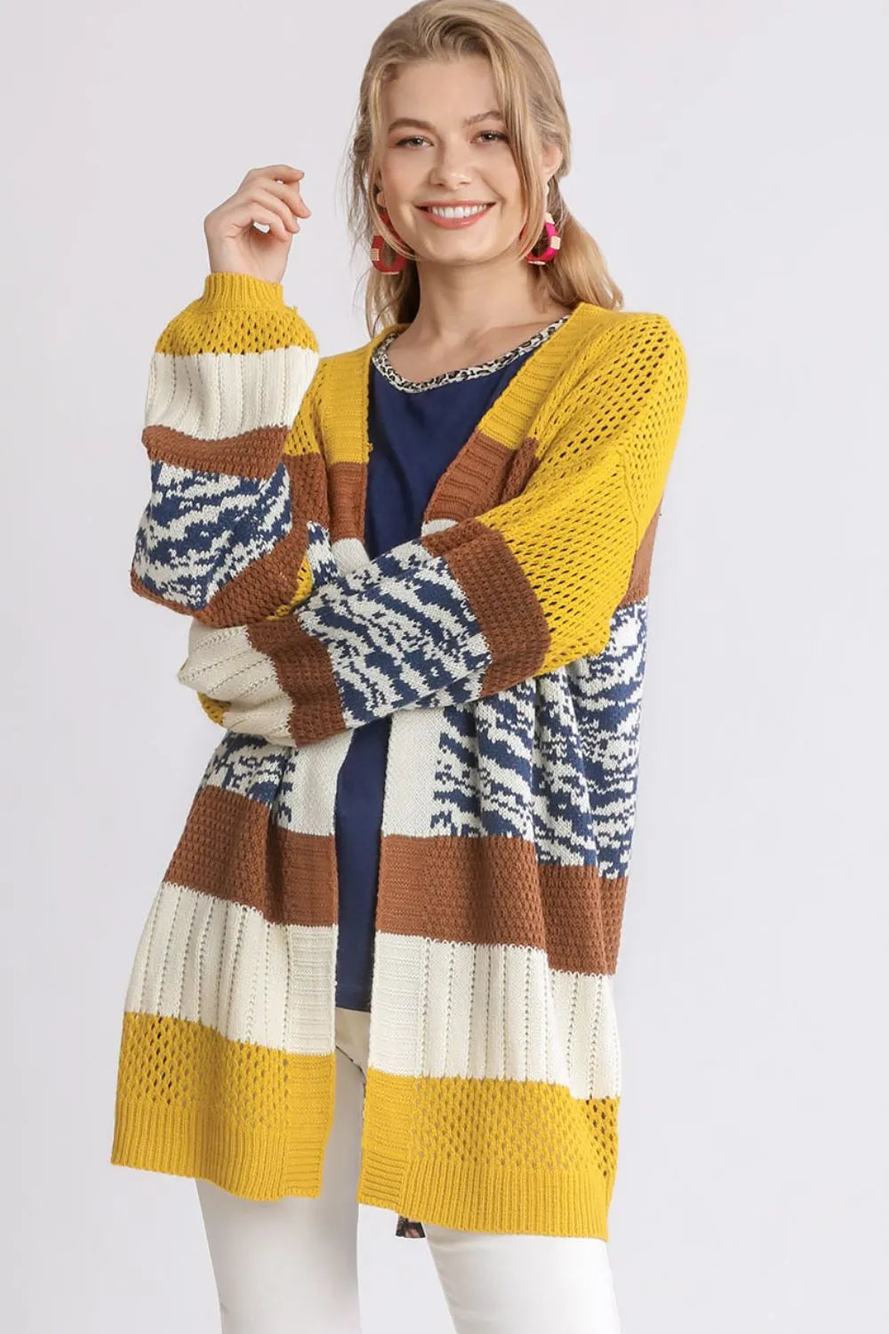 Umgee Full Size Color Block Open Front Longline Cardigan Plus Size GOLD BROWN Easy Apparels
