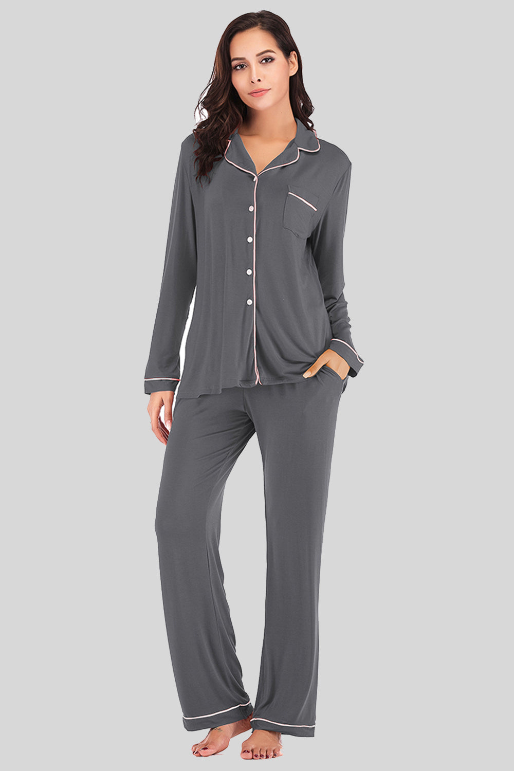 Collared Neck Long Sleeve Loungewear Set with Pockets Charcoal Easy Apparels