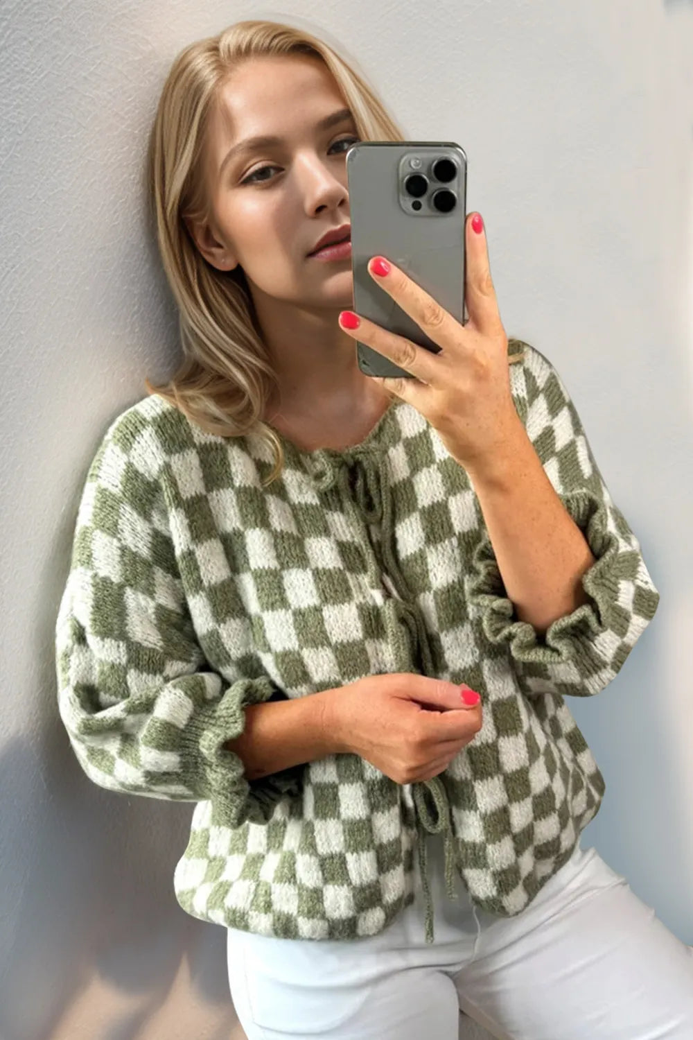 Double Take Tied Checkered Dropped Shoulder Flounce Sleeve Cardigan Matcha Green Easy Apparels