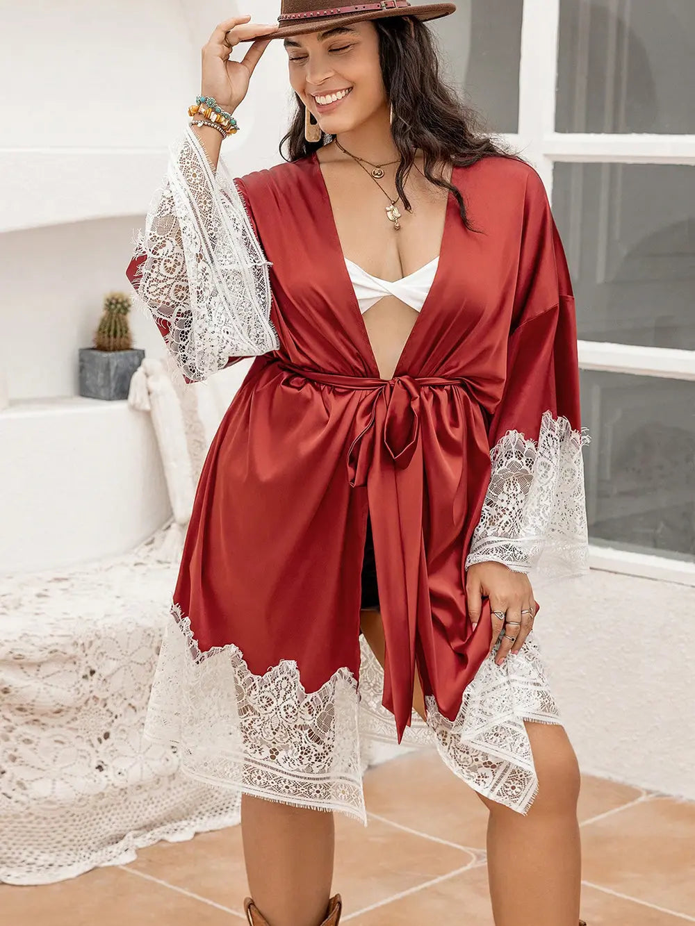 Plus Size Lace Patchwork Tie Front Robe Easy Apparels