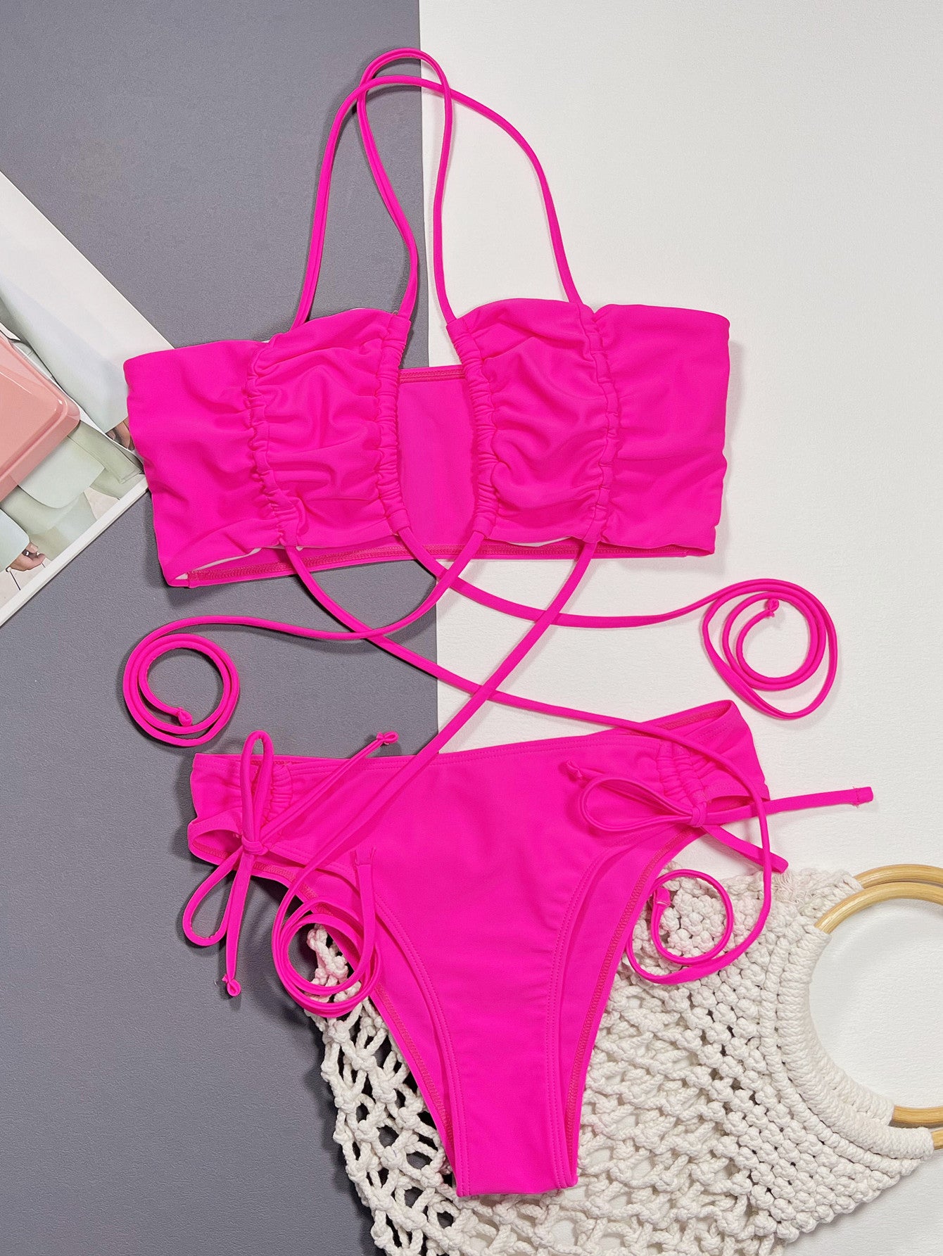 Halter Neck Drawstring Detail Bikini Set Easy Apparels