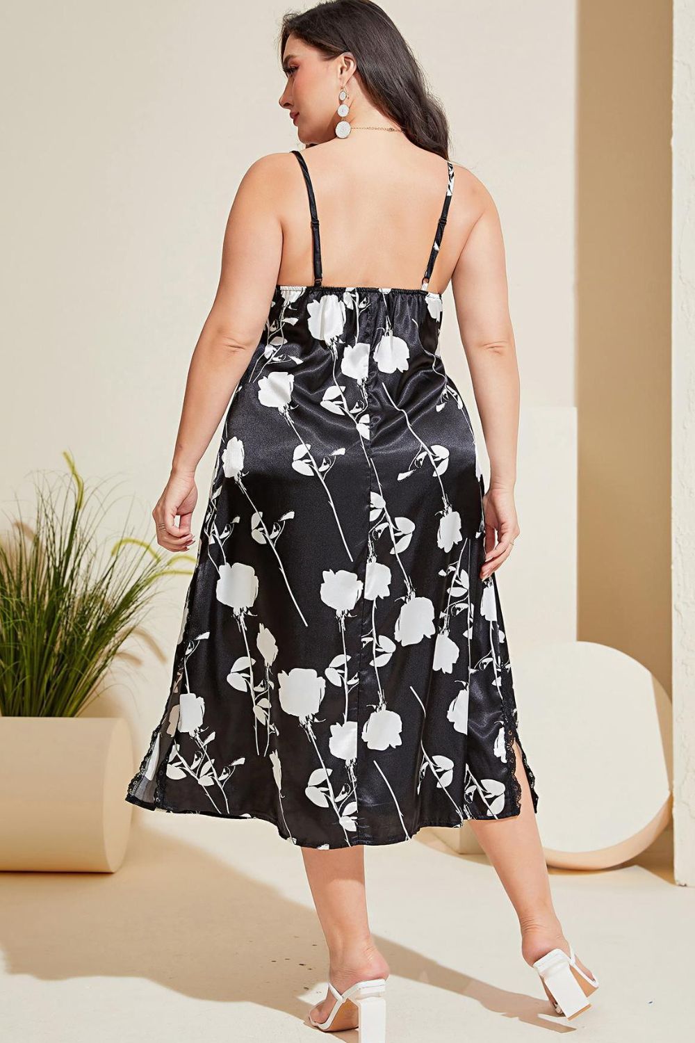 Plus Size Floral Lace Trim Side Slit Night Dress Easy Apparels