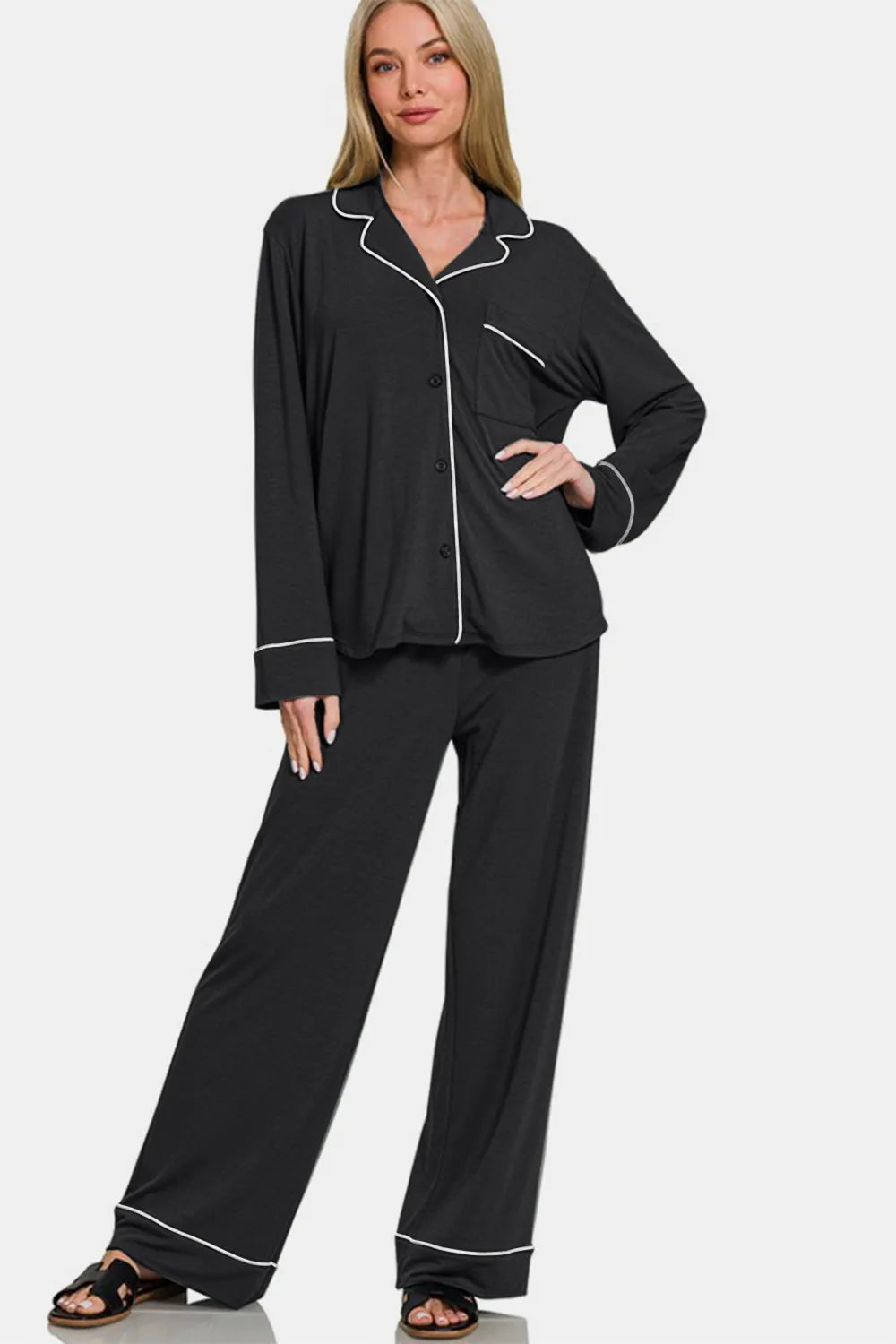 Zenana Button Down Long Sleeve Top and Pants Lounge Set Easy Apparels