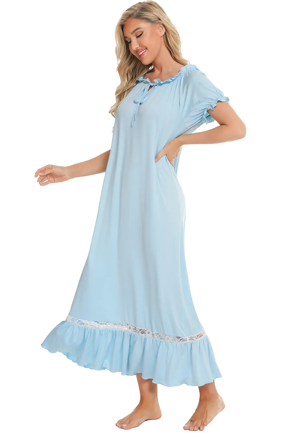 Lace Detail Short Sleeve Lounge Dress Easy Apparels