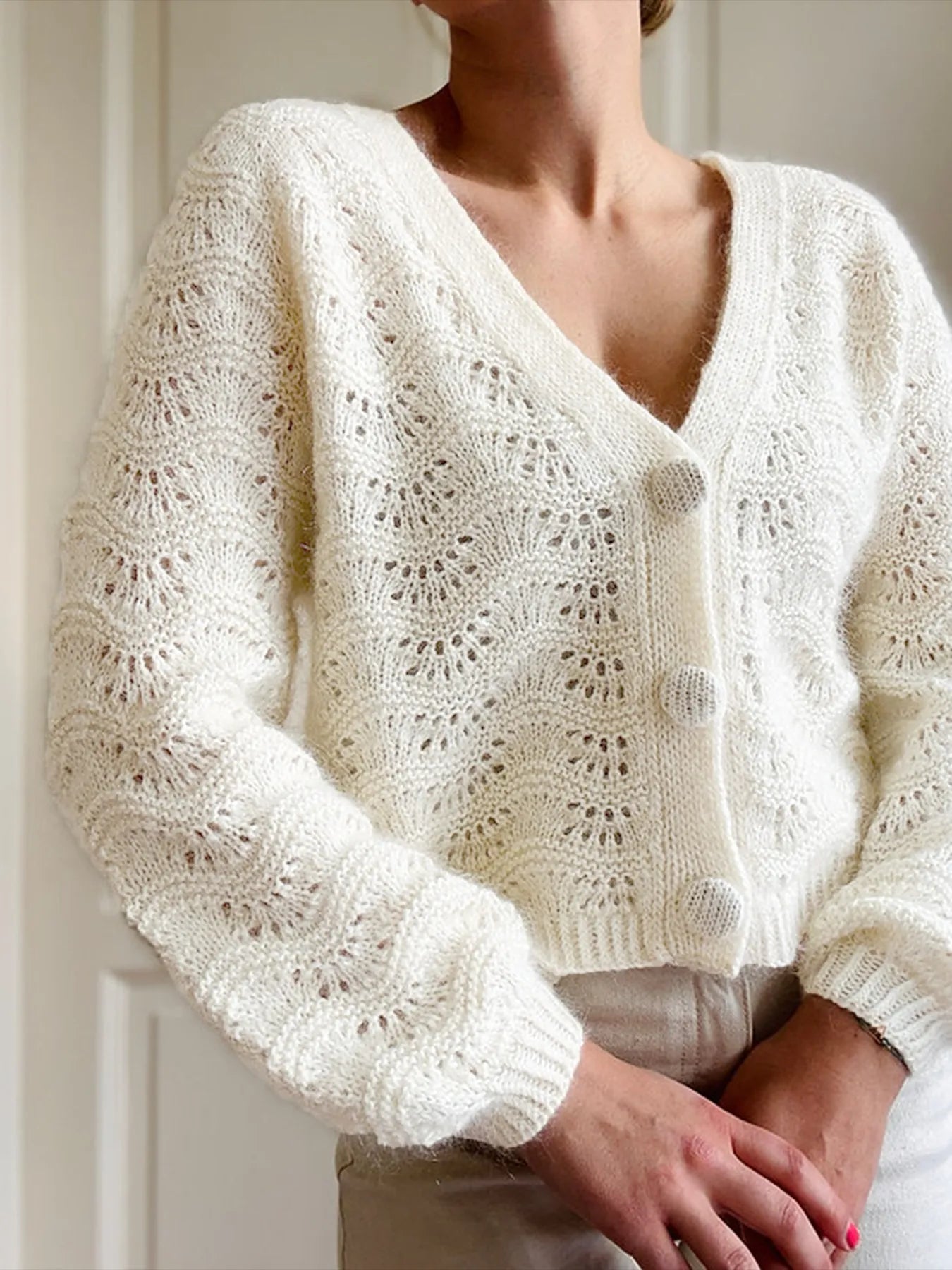 Openwork V-Neck Button Down Cardigan Easy Apparels