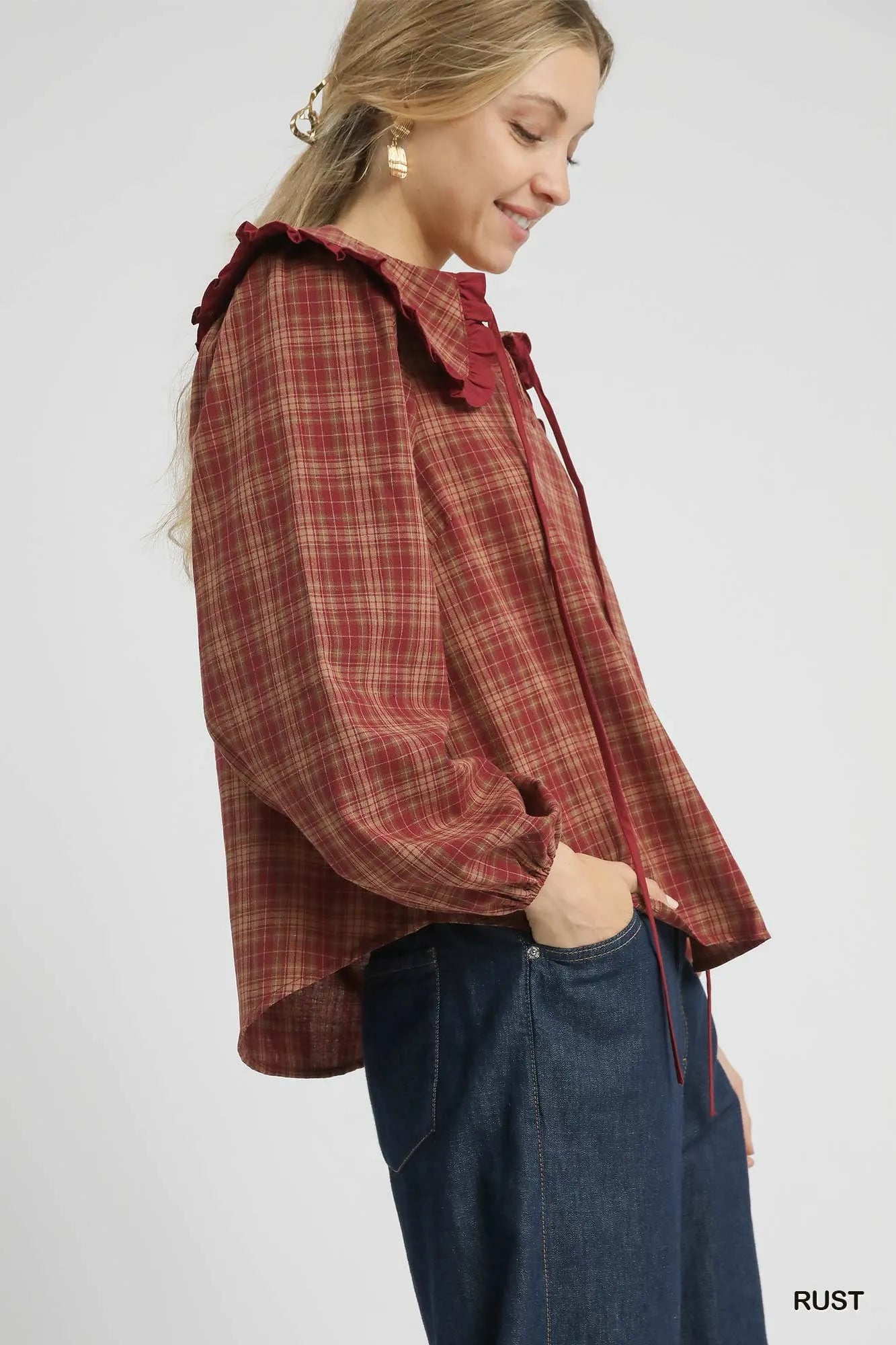 Umgee Full Size Plaid Ruffle Collar Blouse Plus Size Easy Apparels