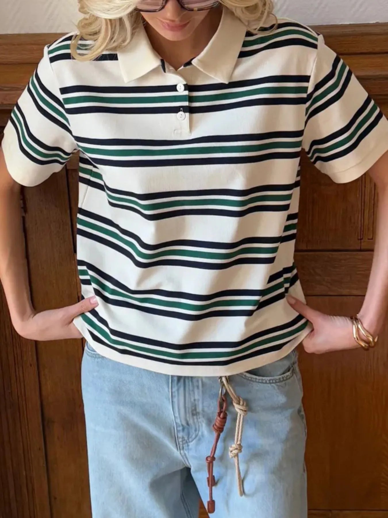Trendsi Striped Polo T-Shirt with Contrast Collar