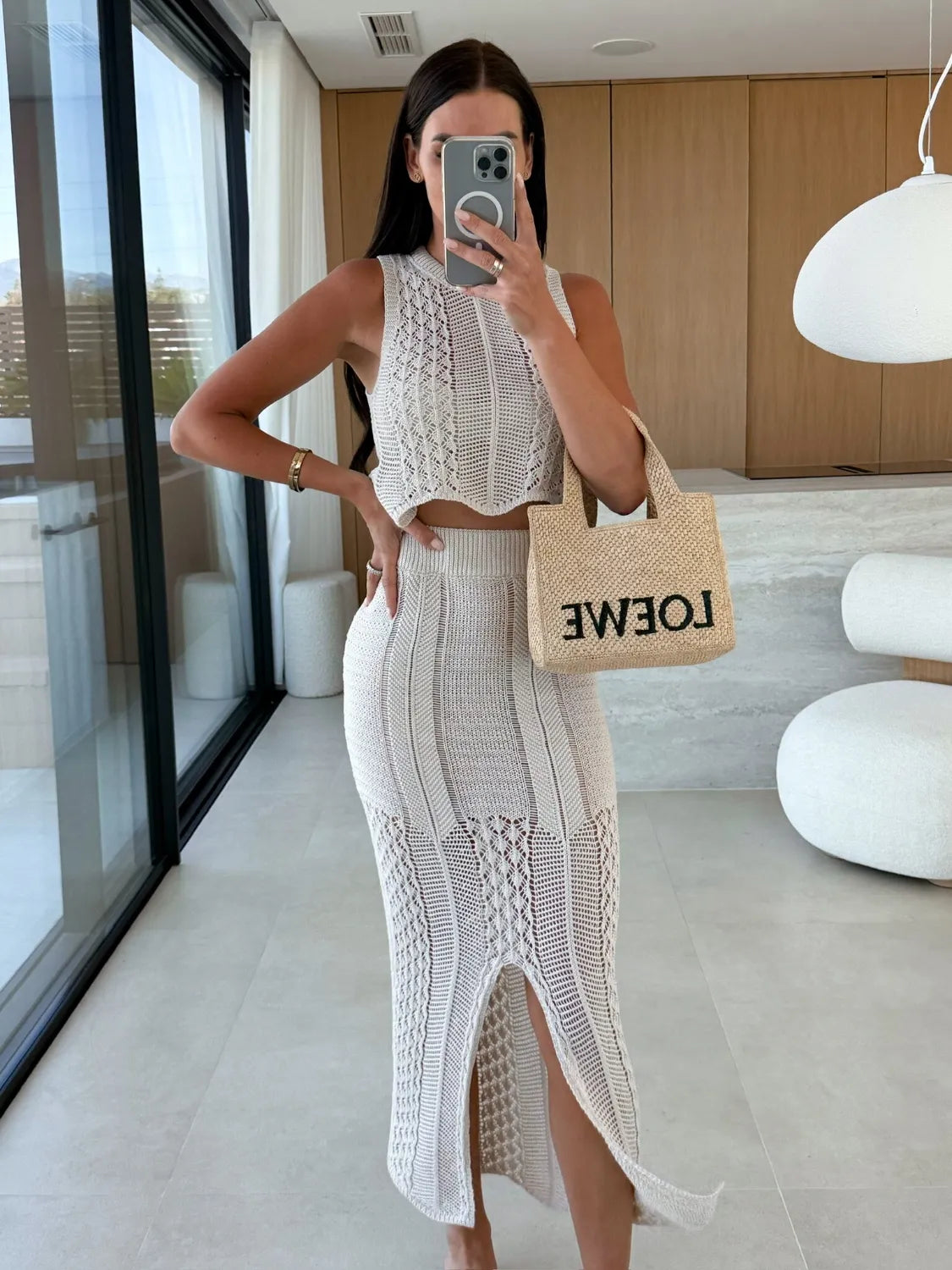 Openwork Round Neck Top and Slit Skirt Sweater Set Easy Apparels