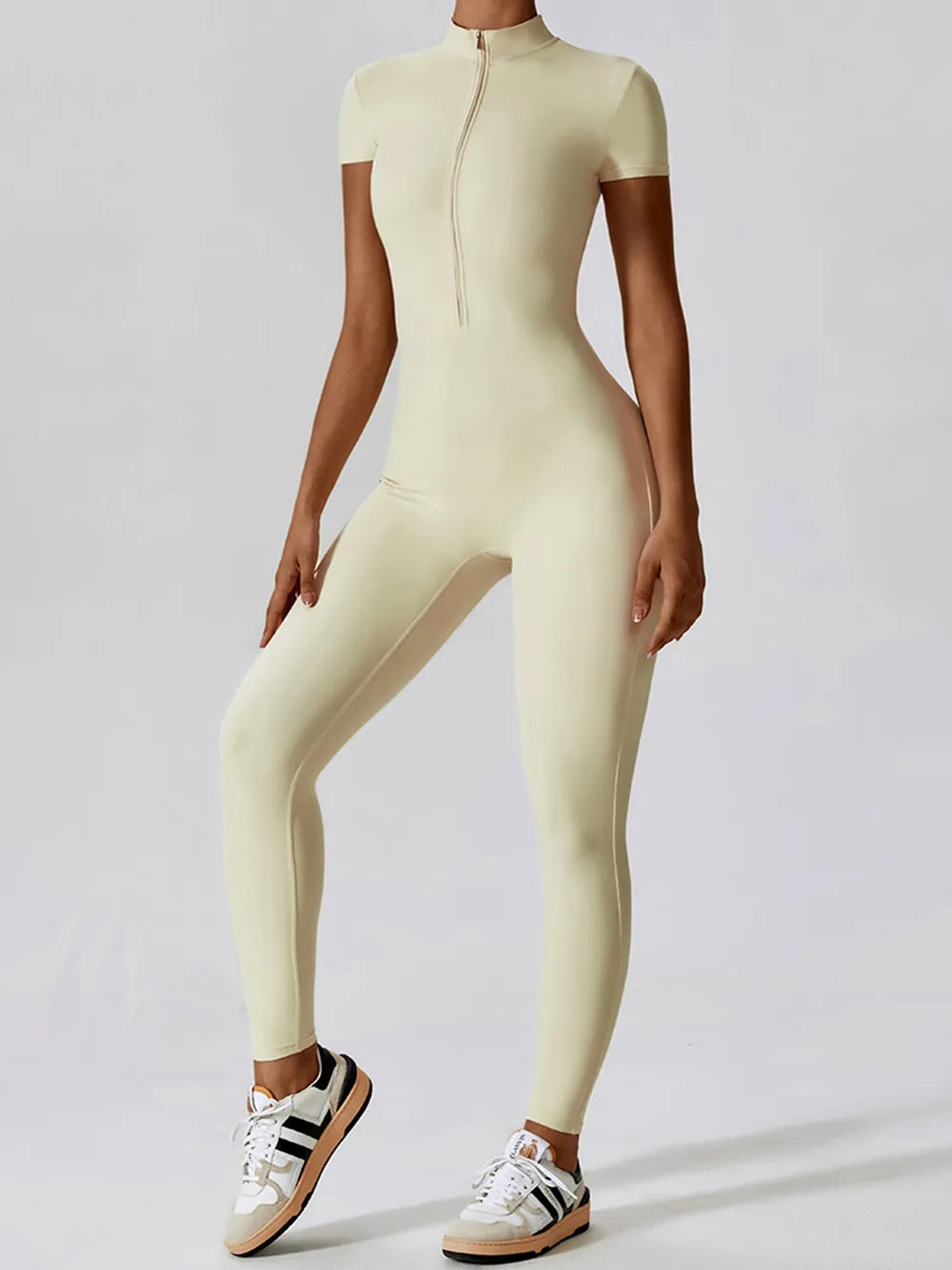 Basic Bae Half Zip Short Sleeve Active Jumpsuit Easy Apparels