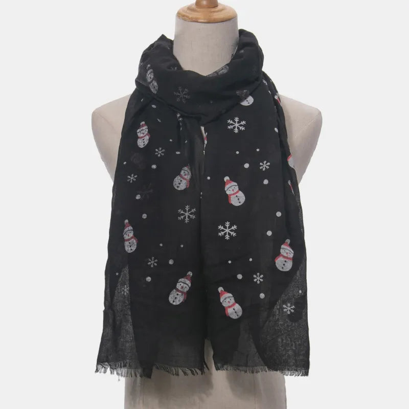 Fringe Snowman Polyester Scarf Black One Size Easy Apparels