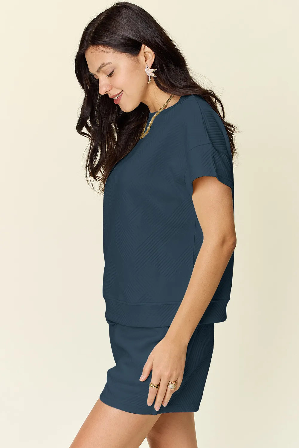 Double Take Full Size Texture Short Sleeve T-Shirt and Drawstring Shorts Set Easy Apparels