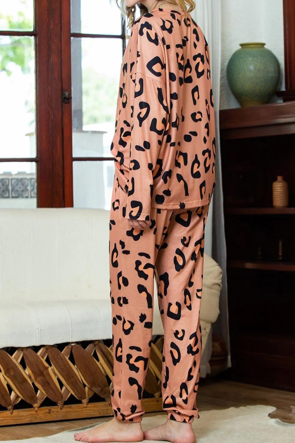 Leopard Round Neck Top and Drawstring Pants Lounge Set Easy Apparels