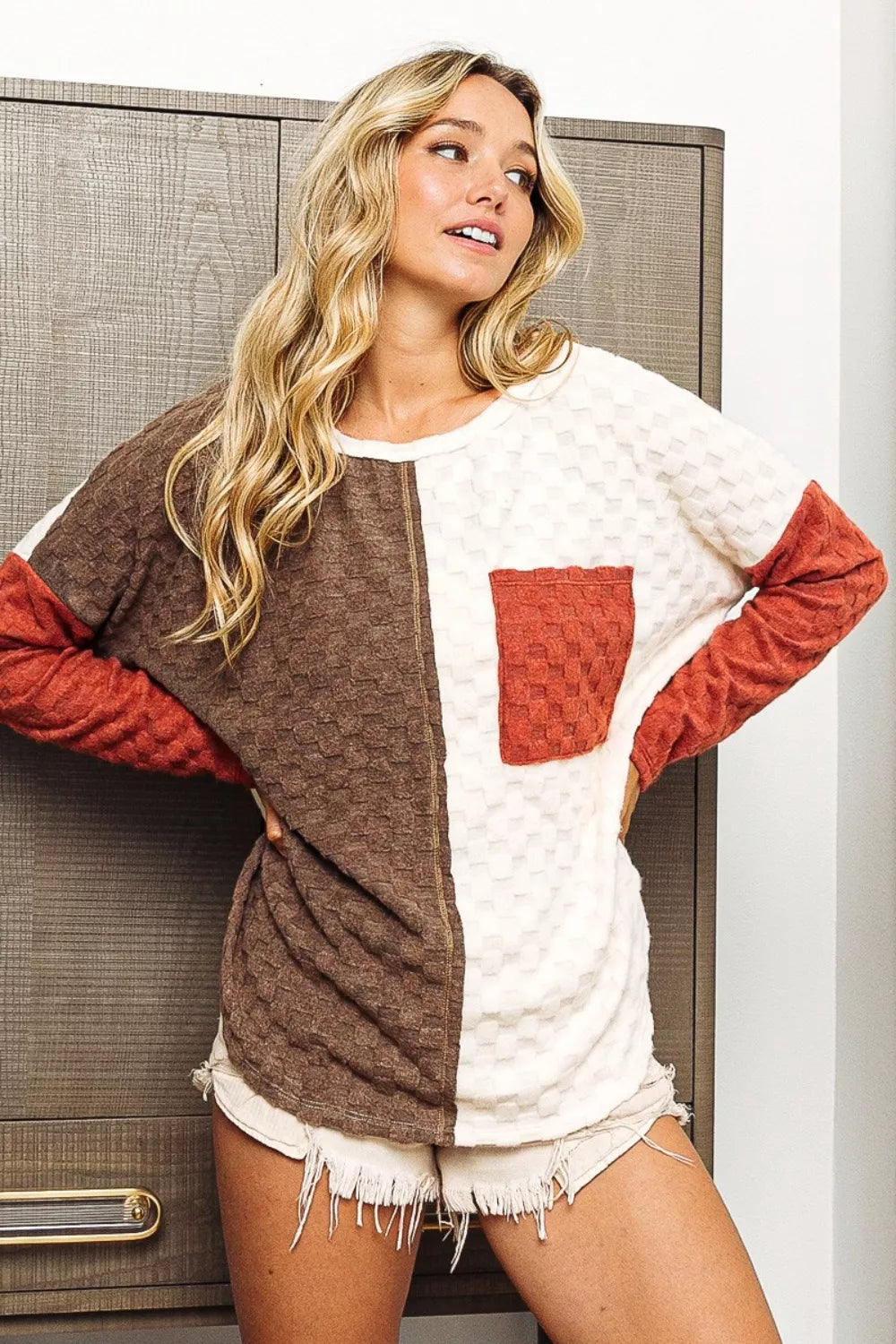 Trendsi BiBi Color Block Brushed Checker Top