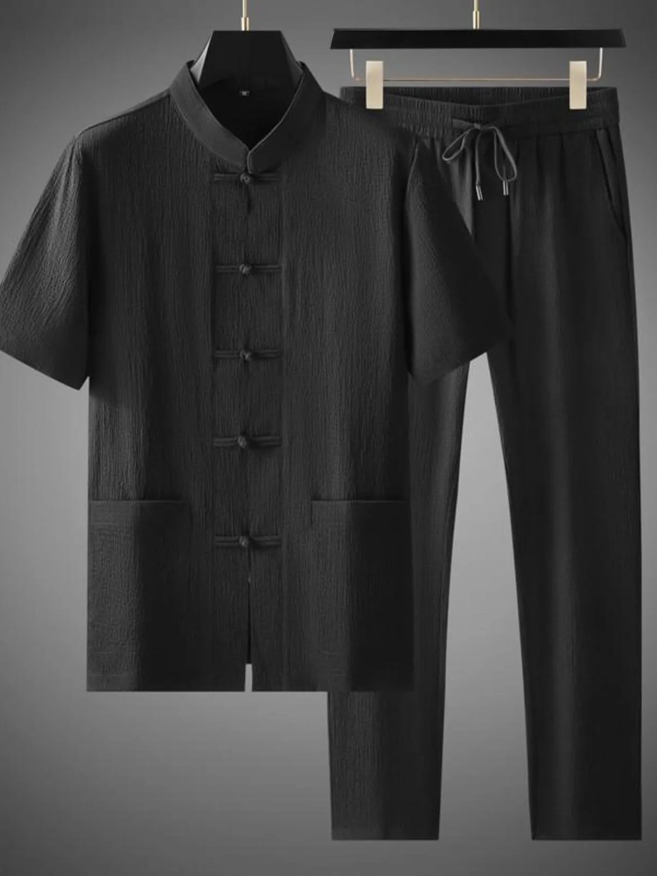 Men's Plus Size Button Up Short Sleeve Top and Pants Set Black Suit Easy Apparels