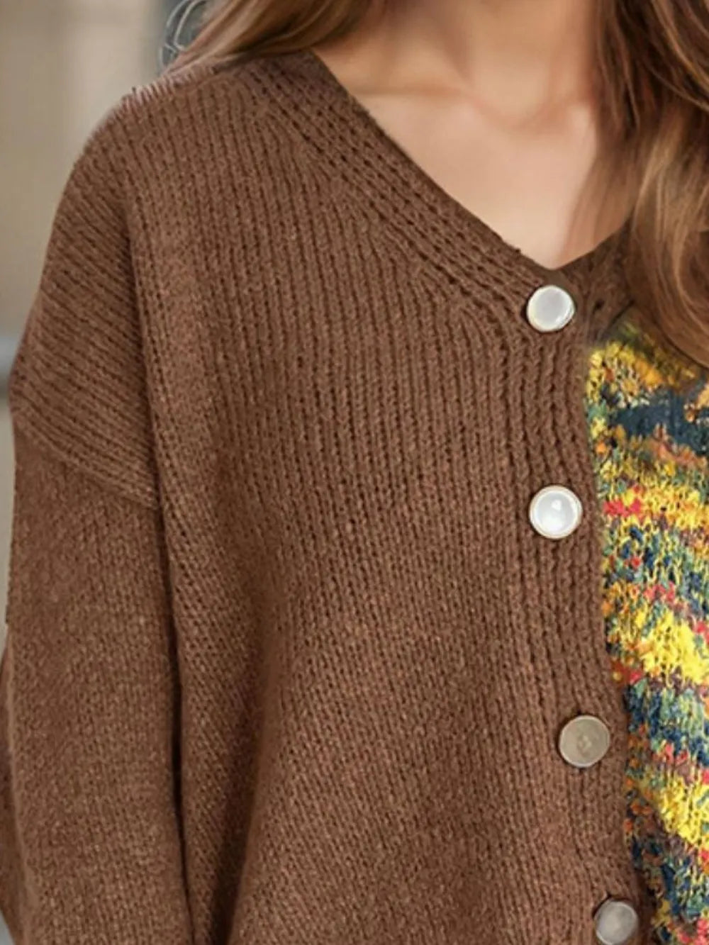 Contrast Button Up V-Neck Cropped Cardigan Easy Apparels