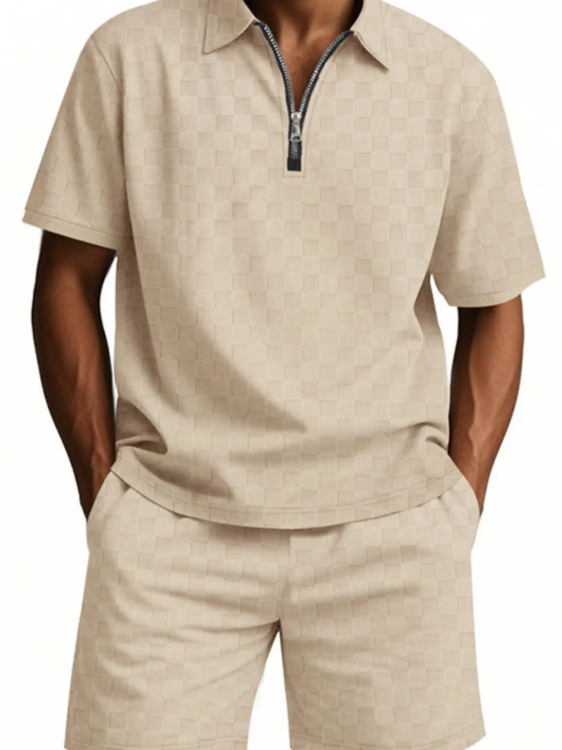 Men's Full Size Quarter Zip Short Sleeve Top and Shorts Set Plus Size Khaki Easy Apparels