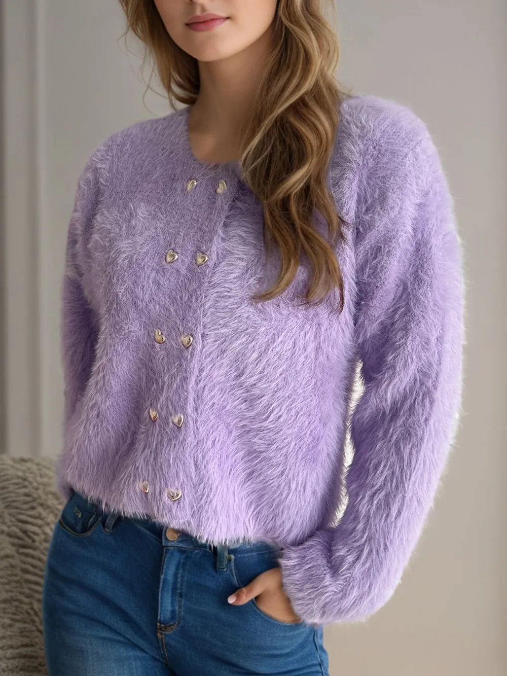 Heart Button Round Neck Cardigan Lavender One Size Easy Apparels