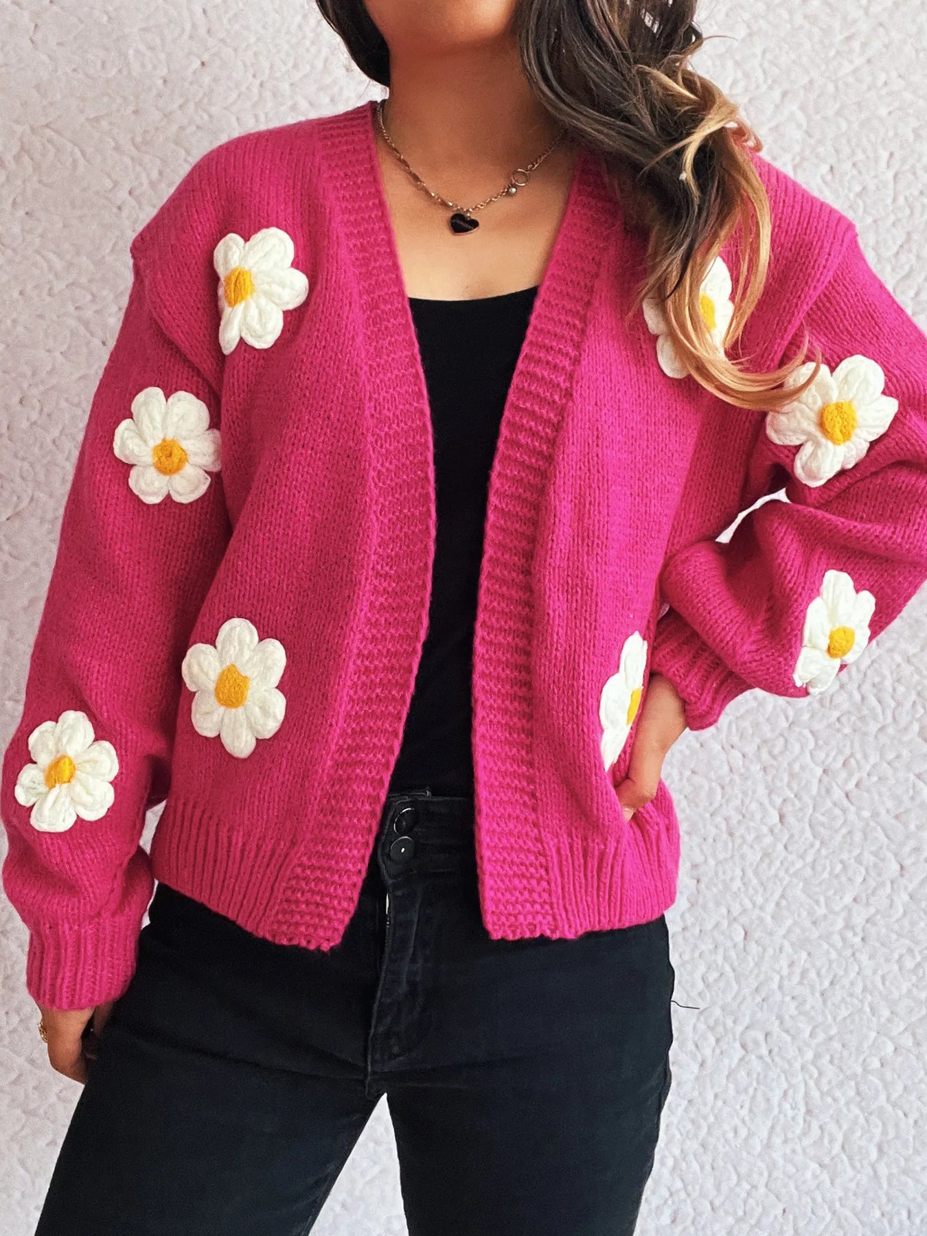 Flower Open Front Long Sleeve Cardigan Rose Pink One Size Easy Apparels