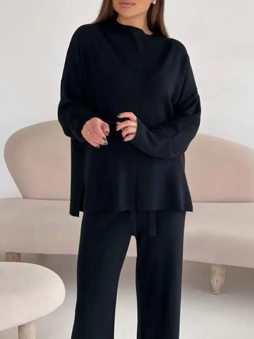 Slit Mock Neck Top and Pants Sweater Set Easy Apparels