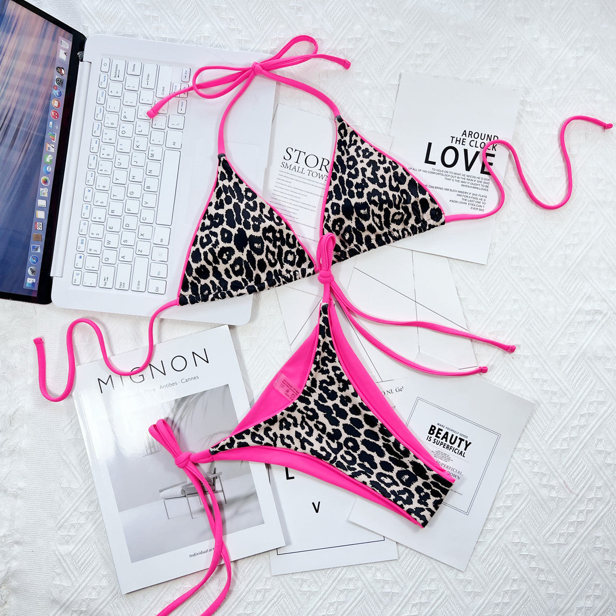 Leopard Print Halter Neck Tie Side Bikini Set Easy Apparels