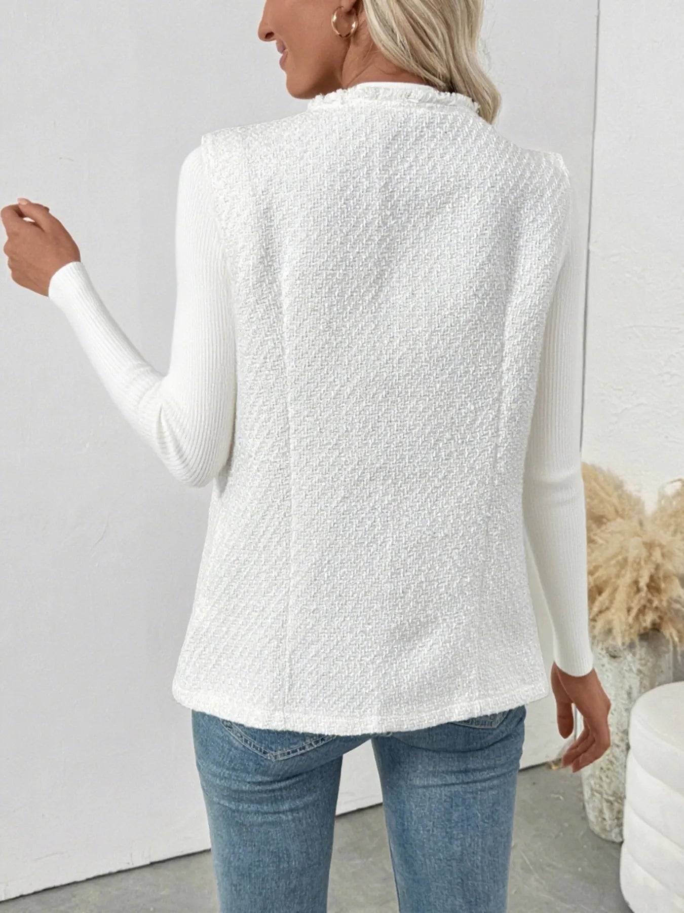 Textured Button-Front Vest with Raw Edge Easy Apparels