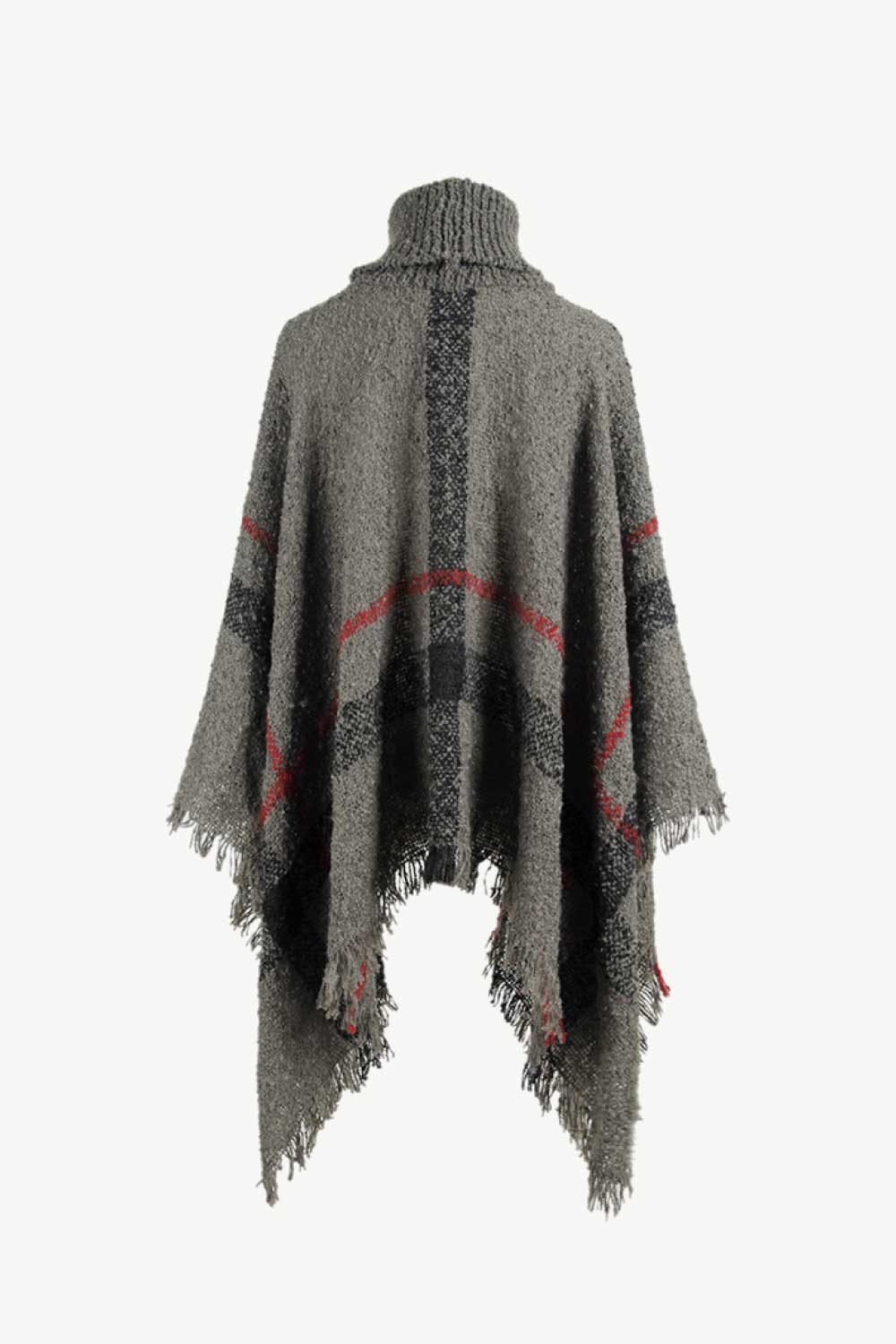 Plaid Turtleneck Raw Hem Poncho Easy Apparels
