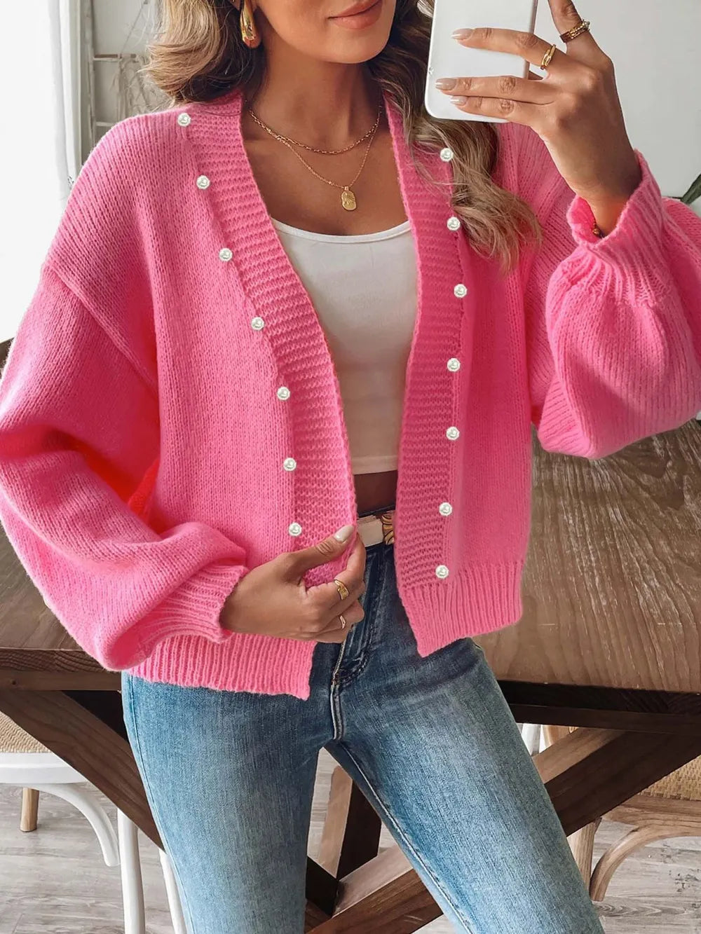 Pearl Open Front Long Sleeve Cardigan Easy Apparels