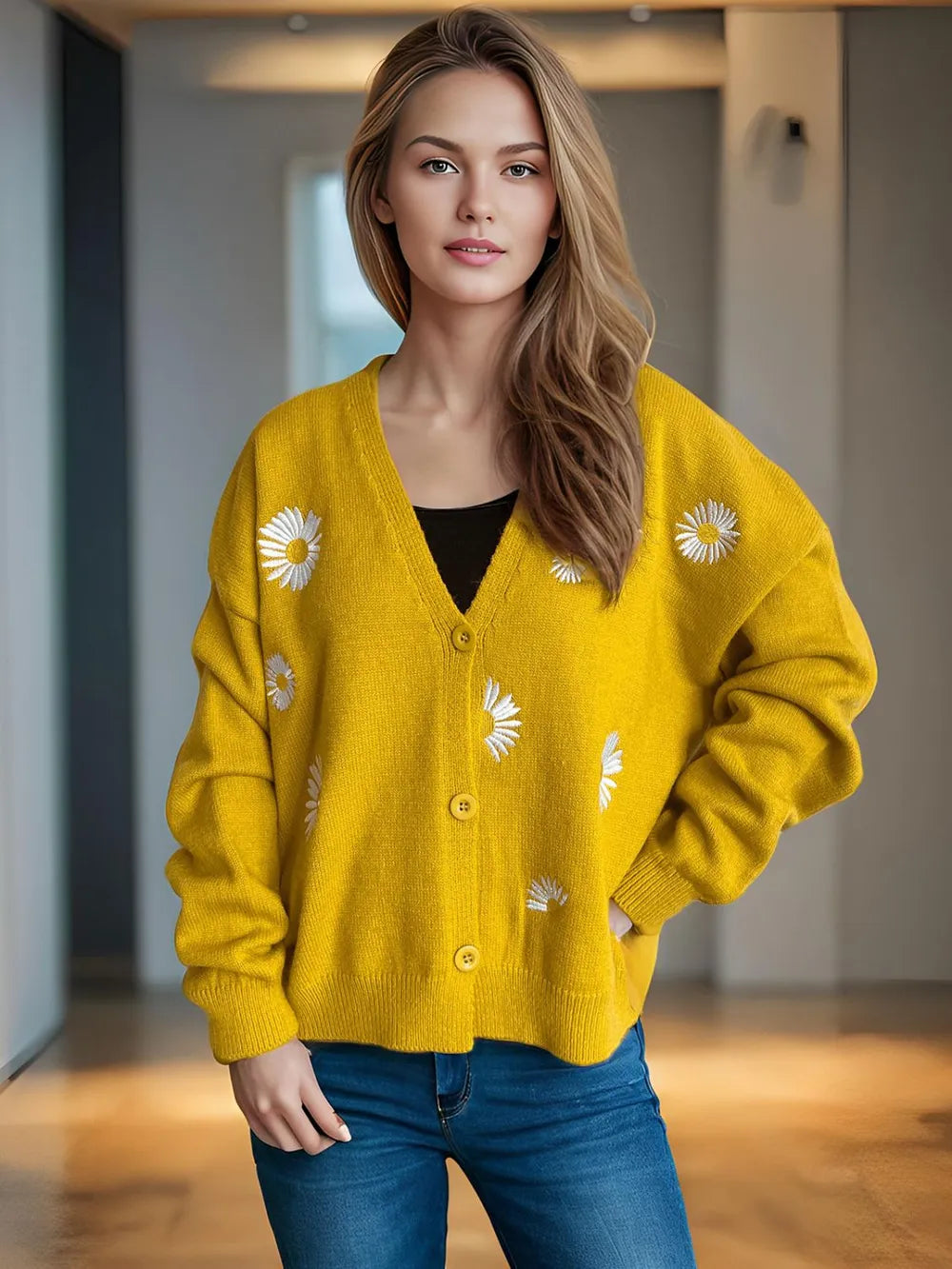 Daisy Button Up V-Neck Cardigan Mustard One Size Easy Apparels