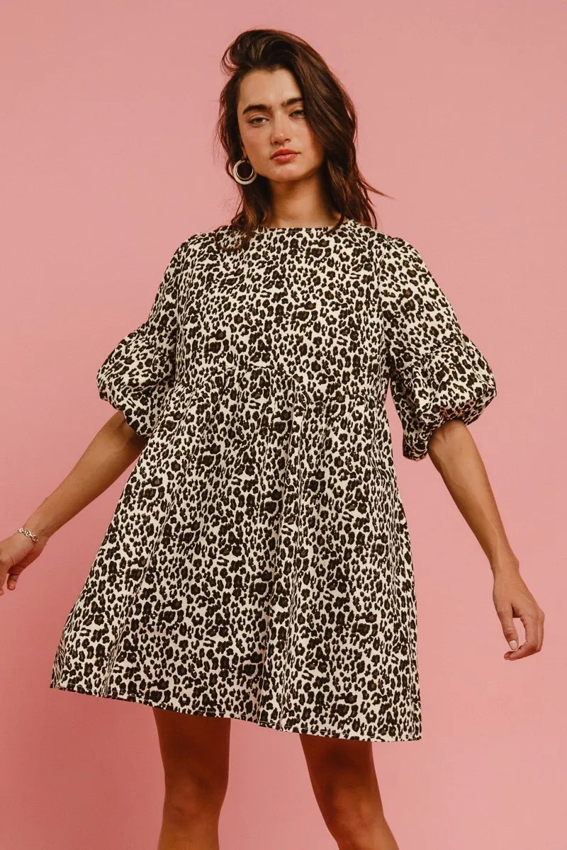 BiBi Leopard Denim Dress With Back Contrast Tie Detail OFF WHITE LEOPARD Easy Apparels