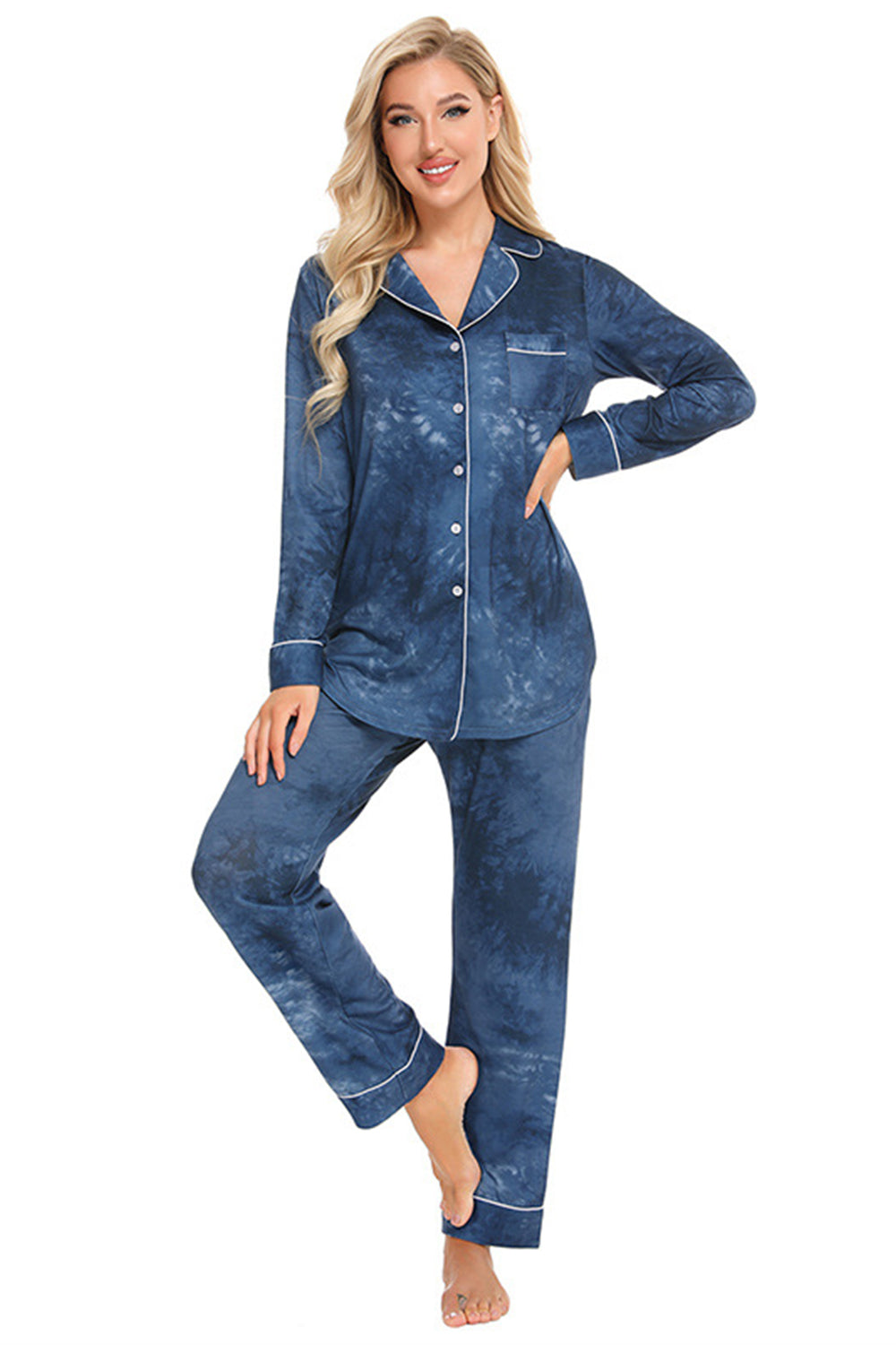 Collared Neck Long Sleeve Loungewear Set with Pockets Easy Apparels