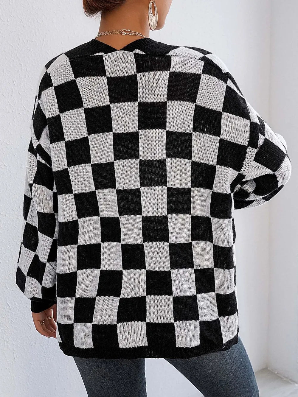 Checkered Open Front Long Sleeve Cardigan Easy Apparels