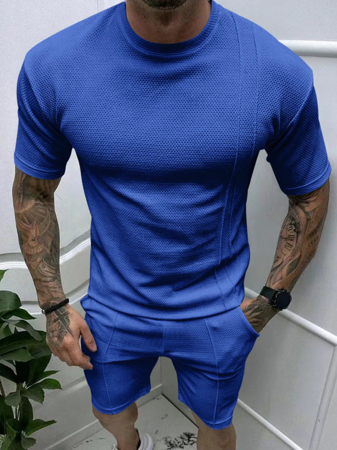 Men's Full Size Round Neck Tee and Shorts Set Plus Size Sapphire Blue Easy Apparels