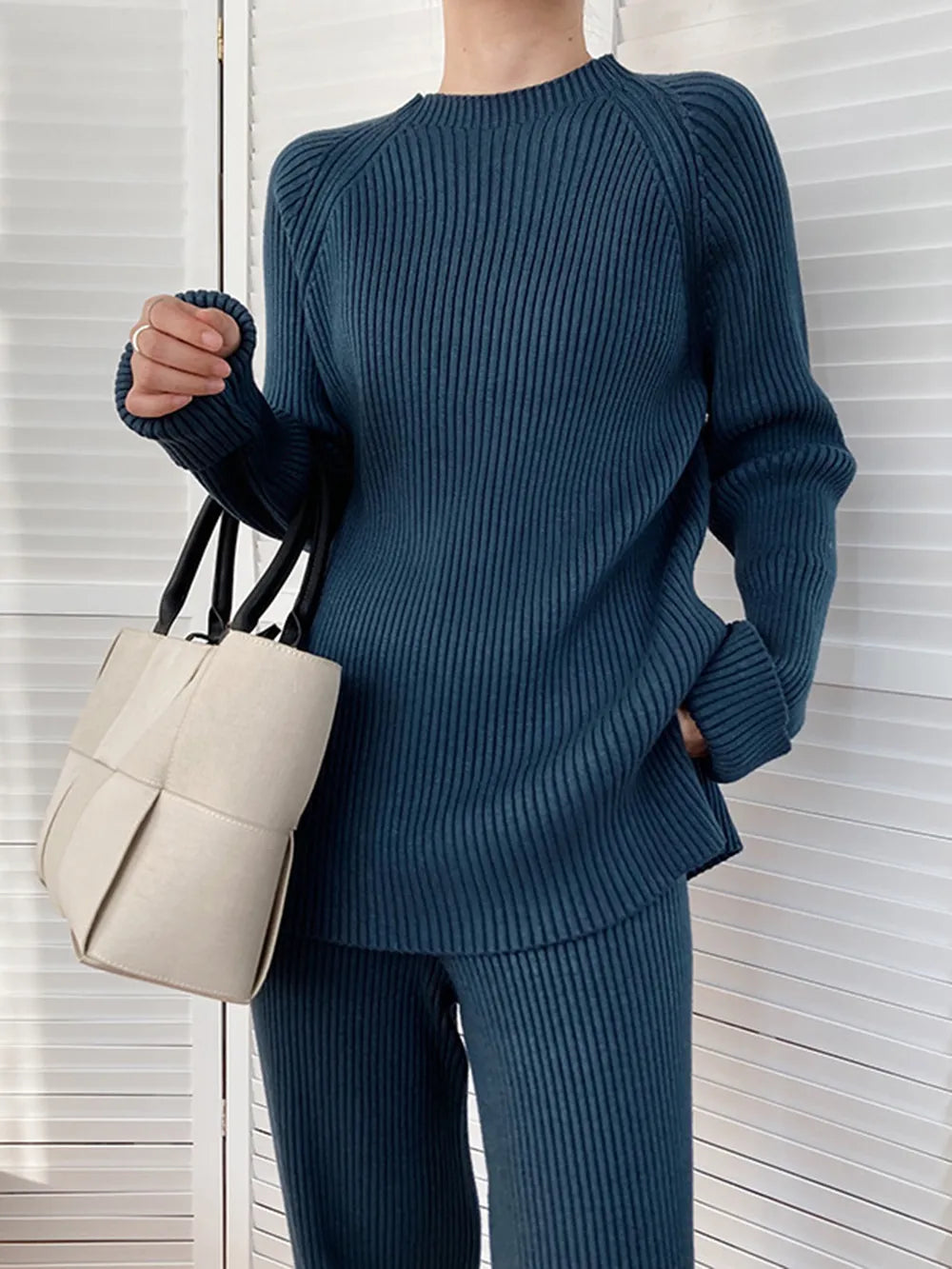 Mock Neck Raglan Sleeve Top and Pants Sweater Set French Blue One Size Easy Apparels