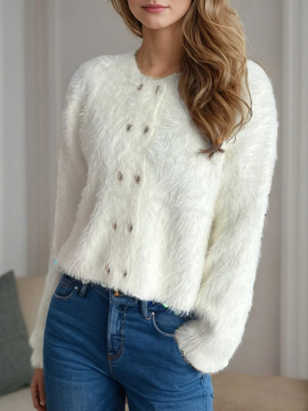 Heart Button Round Neck Cardigan Easy Apparels