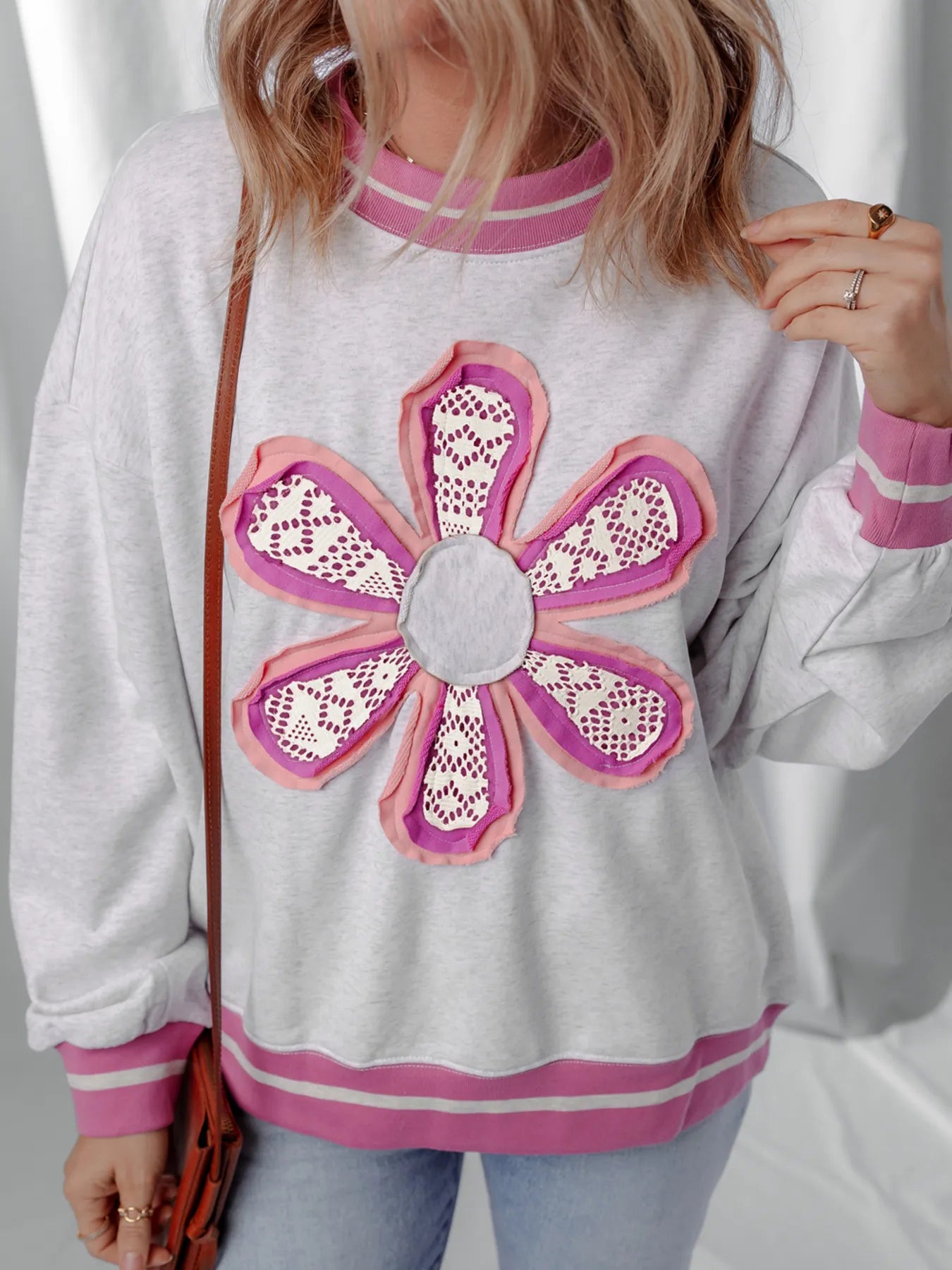 Trendsi Flower Patch Contrast Trim Crew Neck Sweatshirt