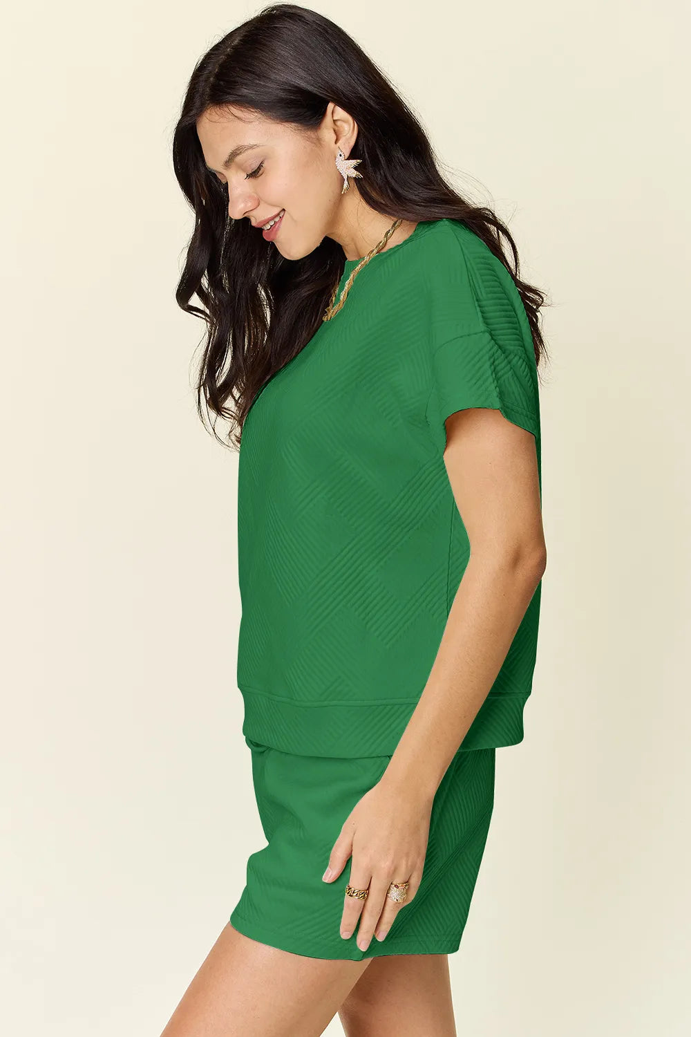 Double Take Full Size Texture Short Sleeve T-Shirt and Drawstring Shorts Set Easy Apparels