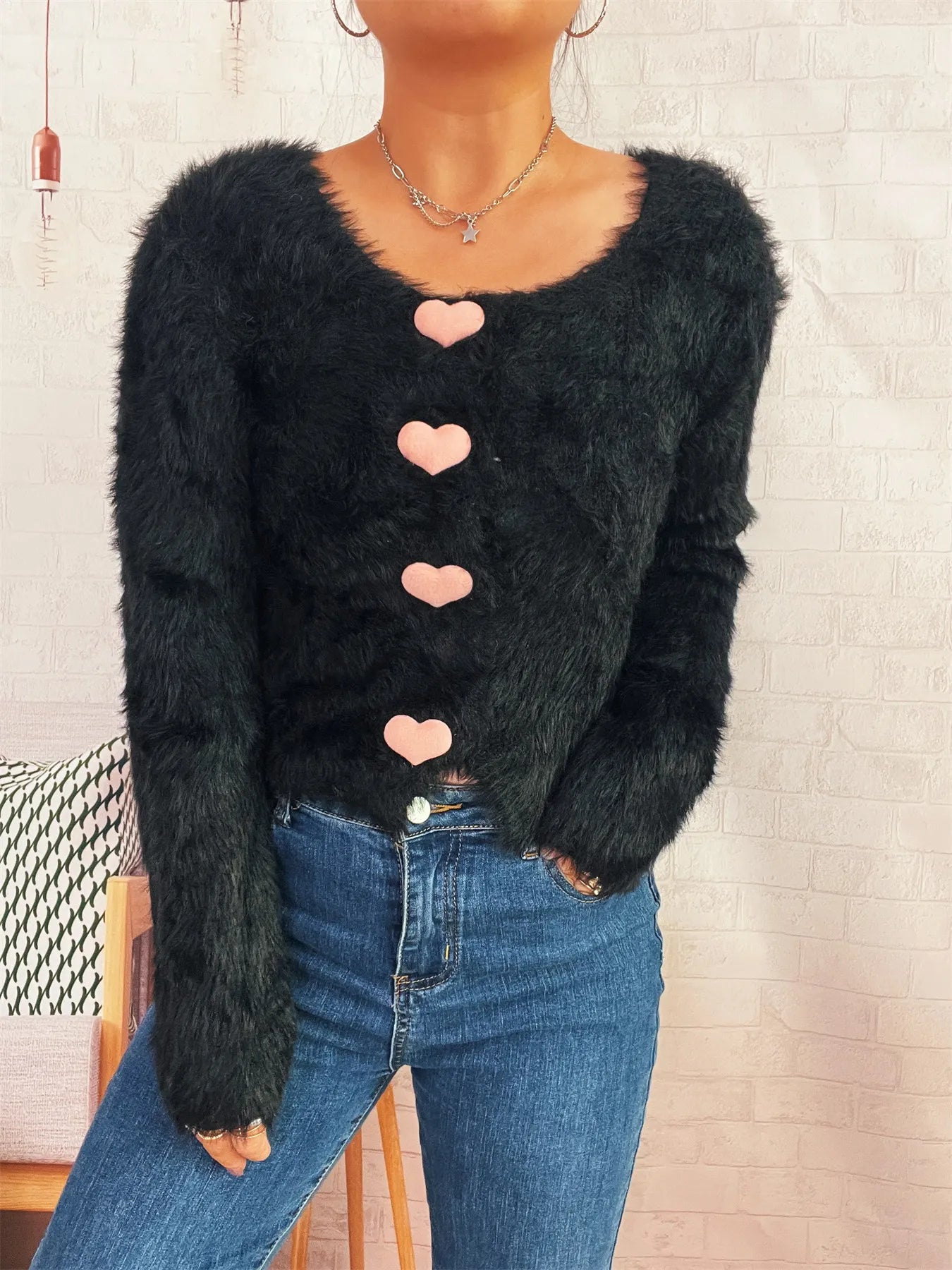 Fuzzy Heart Shape Button-Up Cardigan Black One Size Easy Apparels