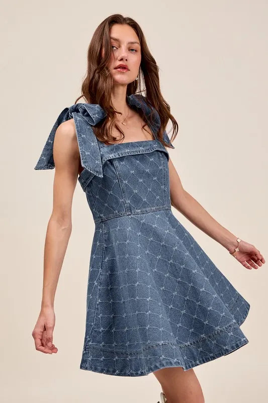 SO ME A Line Fit and Flare Diamond Bow Ribbon Denim Dres Easy Apparels