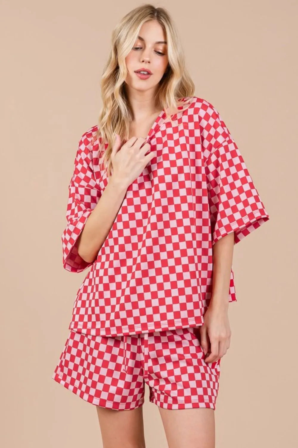 Ces Femme Checkered Round Neck Top and Shorts Set Easy Apparels